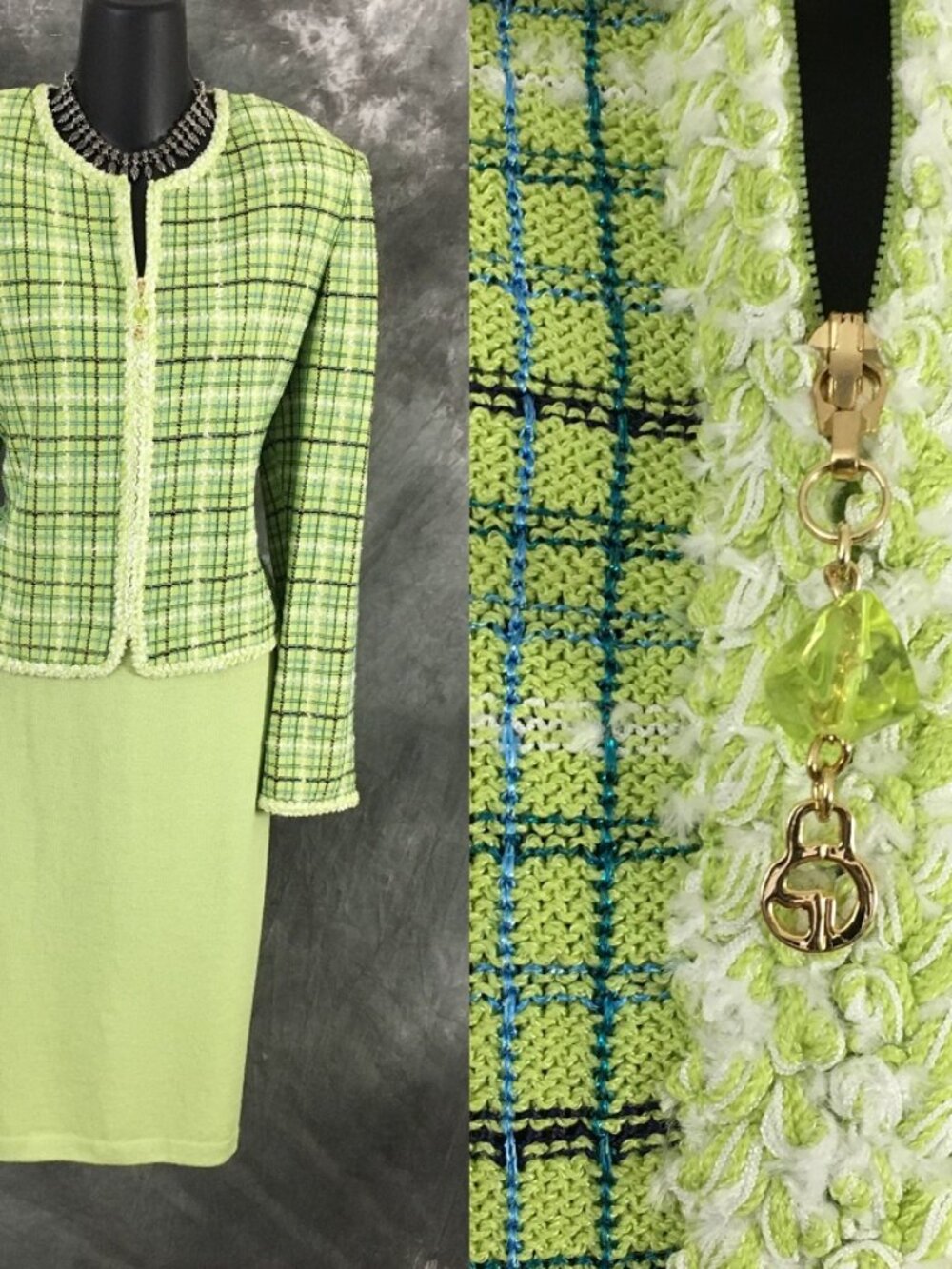 BEAUTIFUL St John collection knit green multi jacket skirt suit size 12 14
